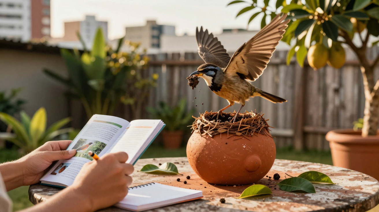 Vogel mit Nahrung im Schnabel landet auf rundem Blumentopf, während Person Buch liest und schreibt.