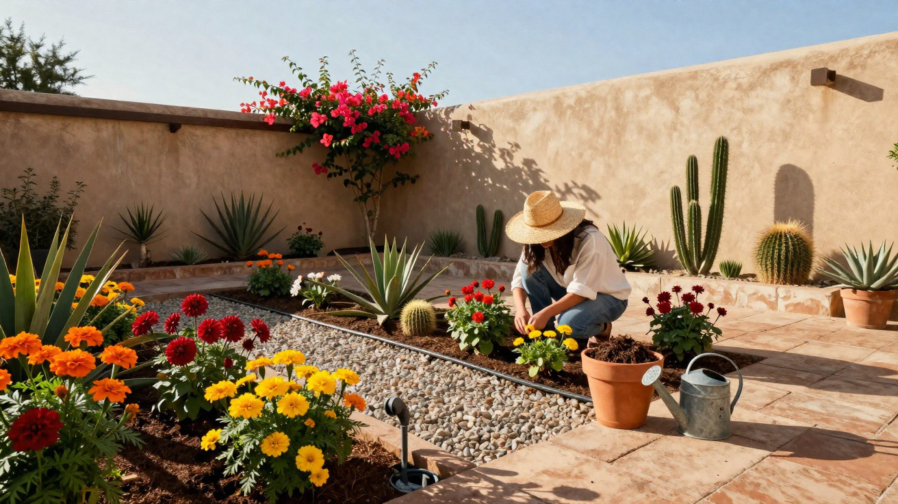 Frau mit Strohhut beim Gärtnern in einem sonnigen Garten mit bunten Blumen und Kakteen vor einer Steinmauer.
