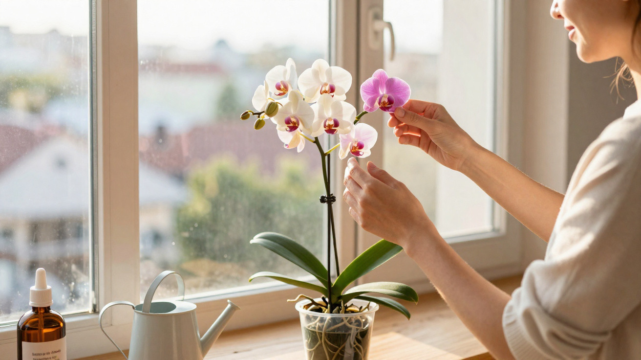 Frau pflegt eine Orchidee mit weißen und rosa Blüten auf der Fensterbank bei Tageslicht.