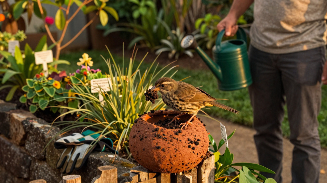 Kleiner Vogel mit Futter im Schnabel auf einem Tonbehälter im Garten, im Hintergrund eine gießende Person.