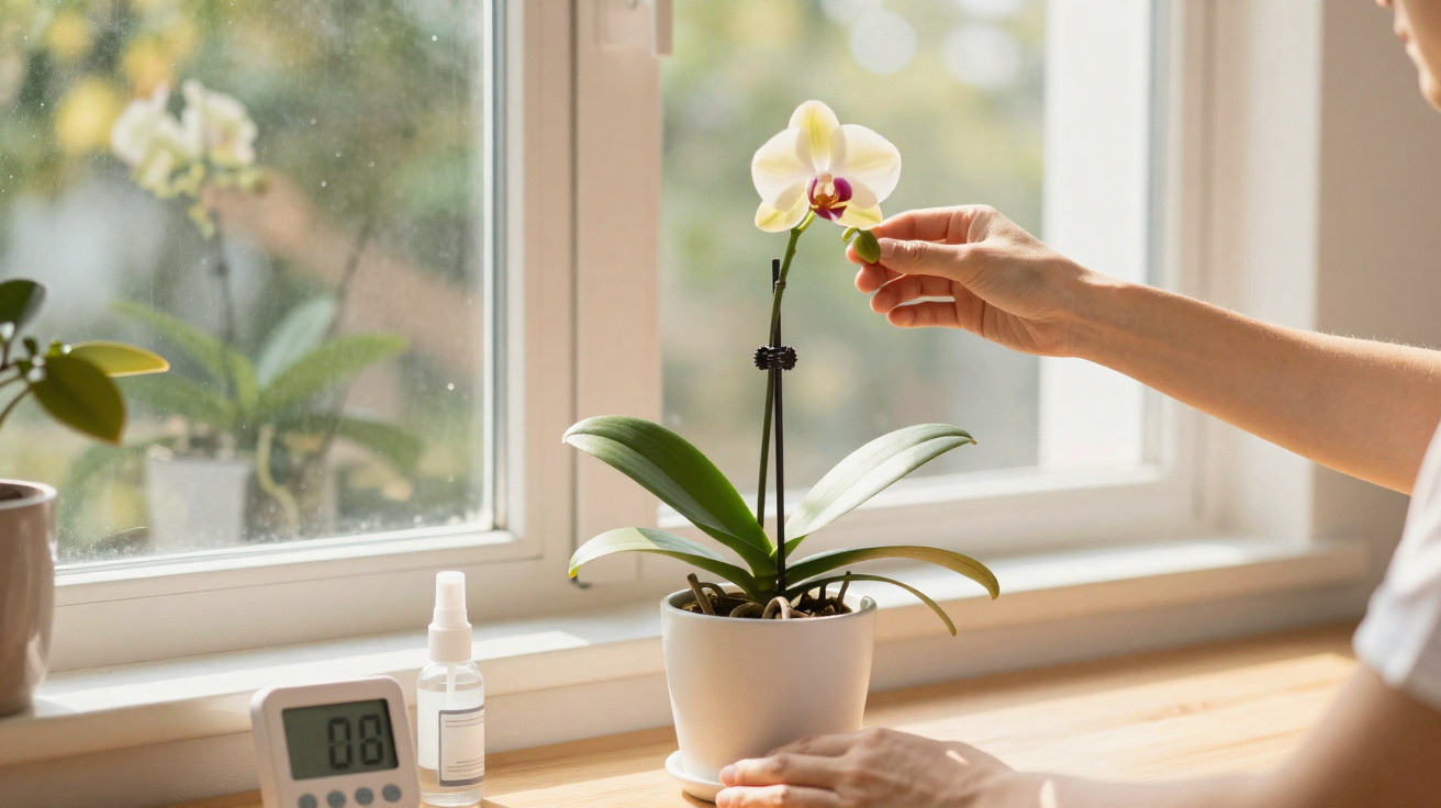 Hand untersucht weiße Orchideenblüte auf Fensterbank mit Pflanzen und digitalem Thermometer.