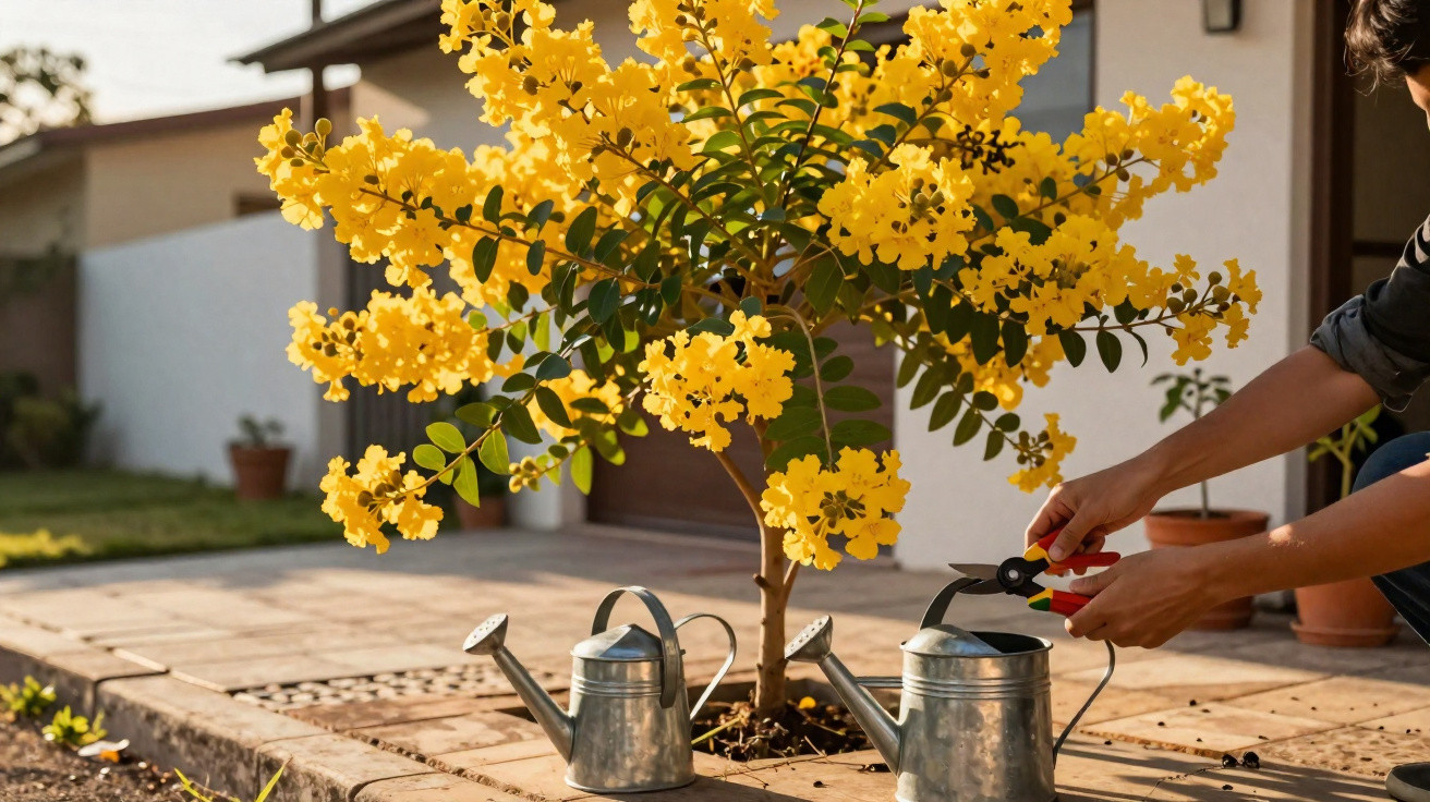 Person schneidet Pflanze mit gelben Blüten neben zwei Gießkannen vor Haus in sonnigem Garten.