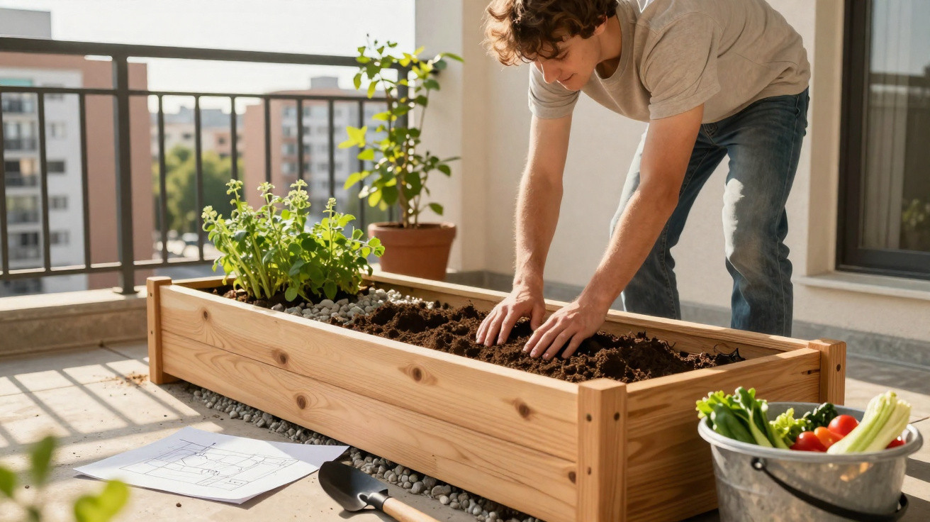 Junger Mann bepflanzt ein Hochbeet auf dem Balkon bei Sonnenschein mit Urban Gardening.