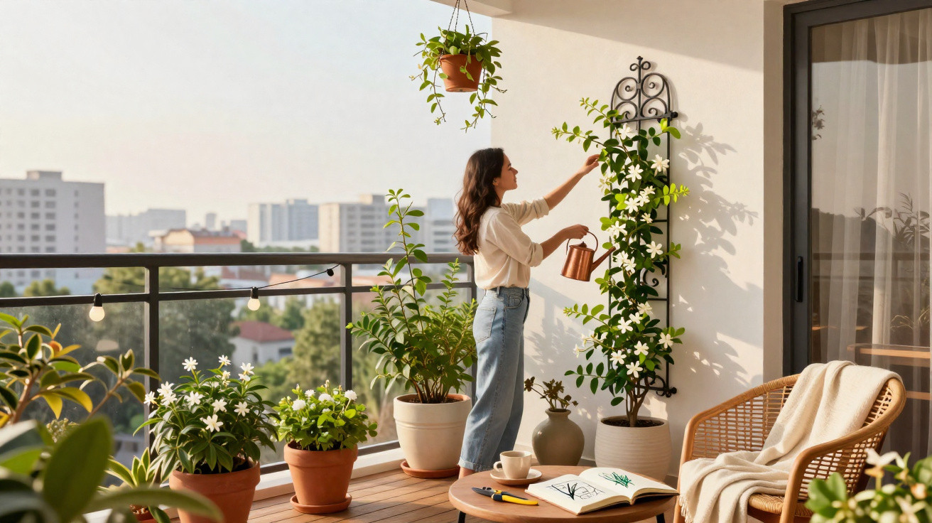 Frau gießt Blumen auf einem Balkon mit vielen Pflanzen und Stadtblick im Hintergrund.