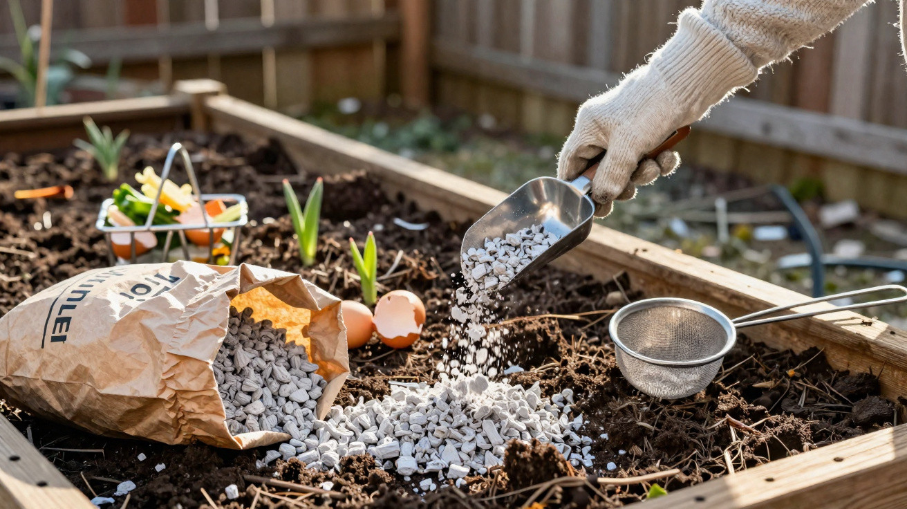 Hand mit Handschuh streut Tonpellets aus Schaufel auf Gartenerde in Hochbeet mit Pflanzen und Eierschalen.