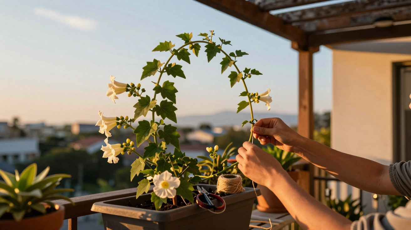 Person bindet weißen blühenden Kletterstrauch auf einem Balkon bei Sonnenuntergang fest.