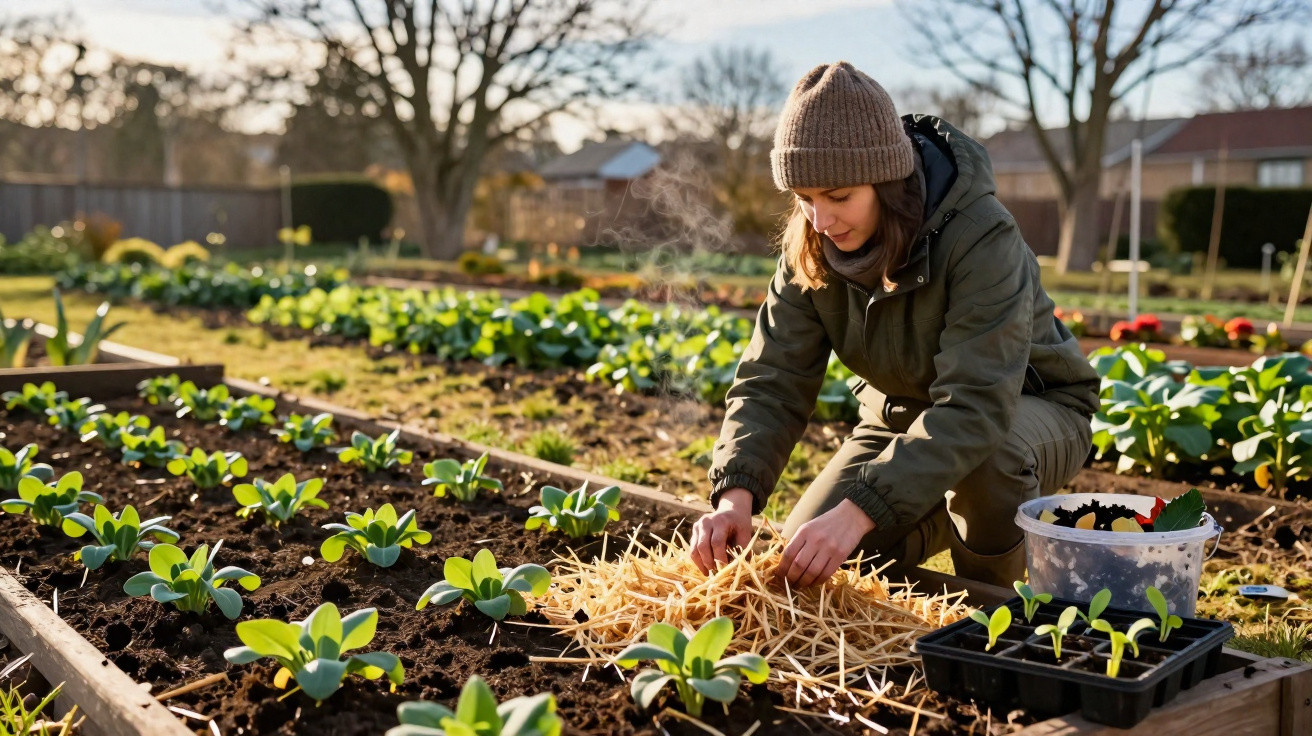 Frau mit Mütze bedeckt Pflanzen in einem Hochbeet mit Stroh in einem sonnigen Garten.