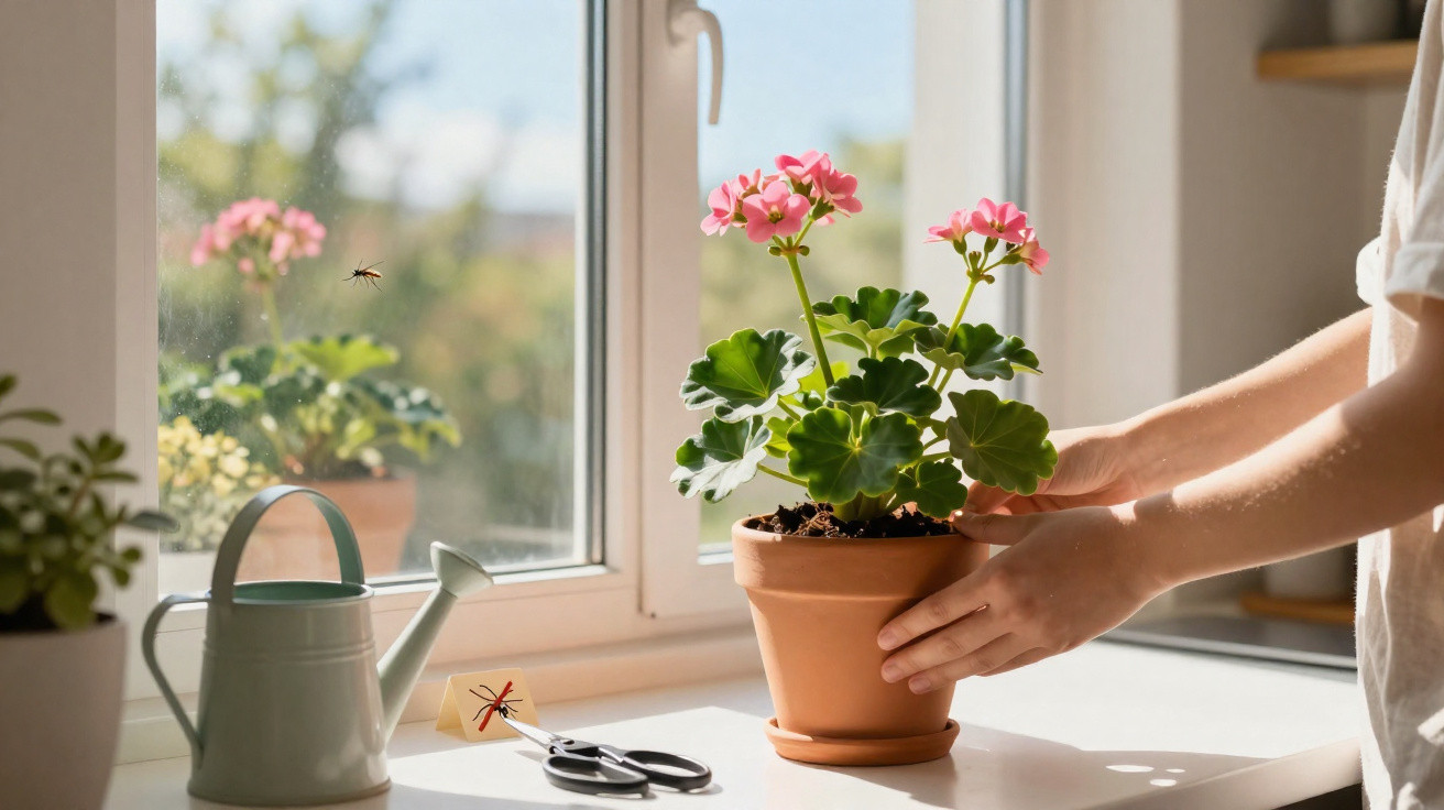 Person stellt blühende Geranien in Topf auf sonnigen Fensterbank mit Gartengerät und Gießkanne.