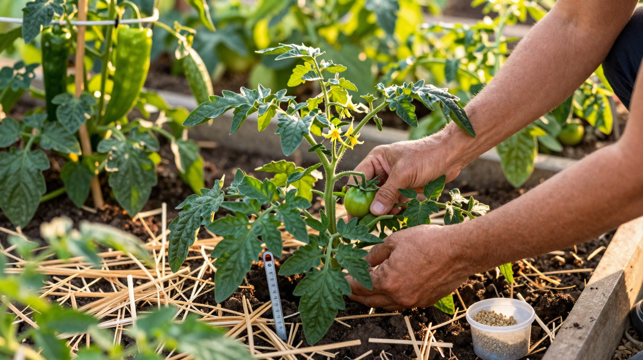 Person pflegt Tomatenpflanze im Hochbeet mit grünem Tomatenfrucht und Blüten bei Sonnenschein.