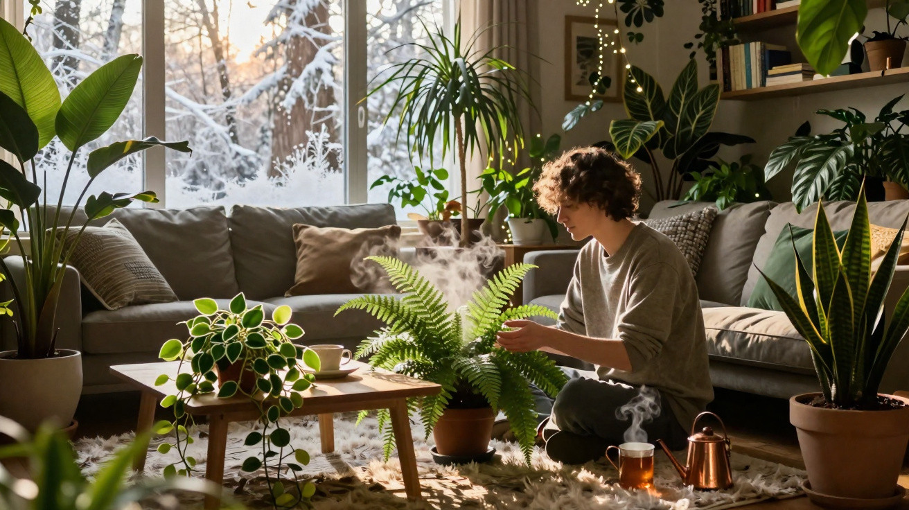 Junge sitzt auf Teppich und pflegt Zimmerpflanzen im Wohnzimmer mit winterlicher Schneelandschaft draußen.