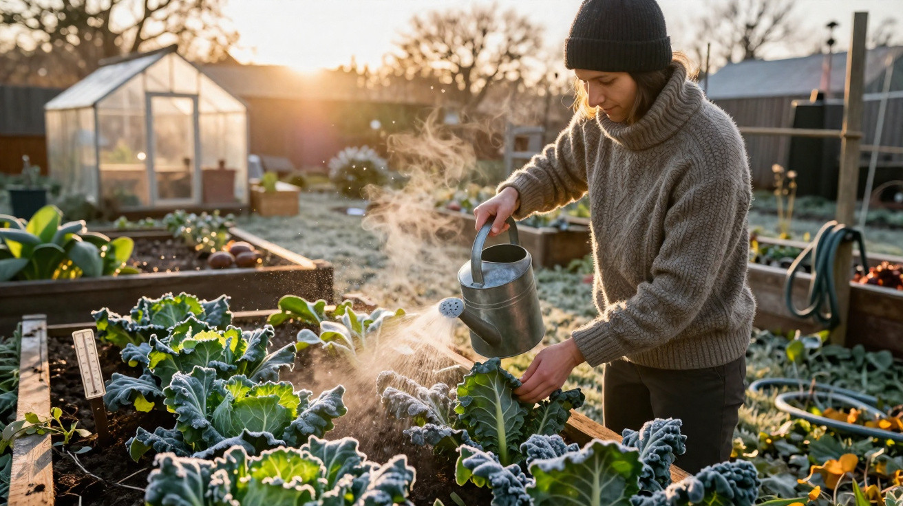 Frau gießt in einem frostigen Garten frisches Wasser auf Kohlpflanzen bei Sonnenaufgang.