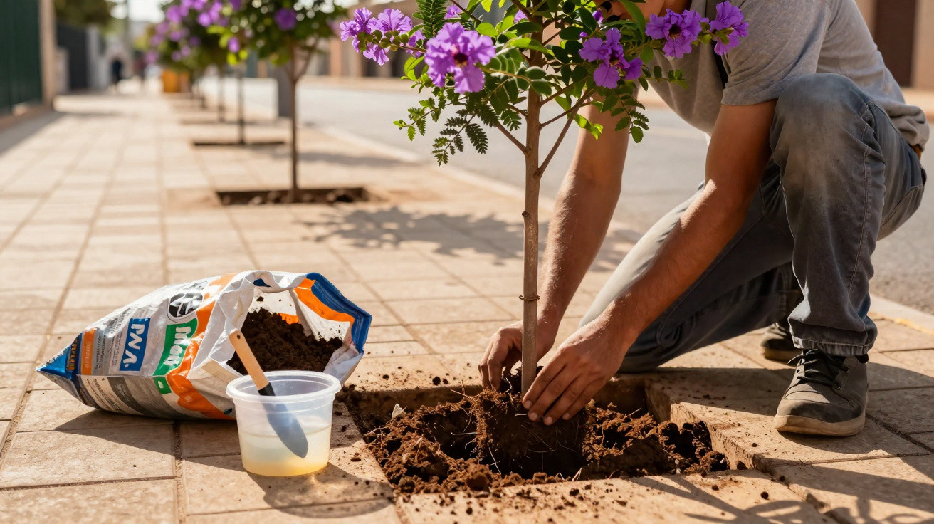 Person pflanzt blühenden Baum in rechteckige Öffnung auf städtischem Bürgersteig bei Sonnenschein.