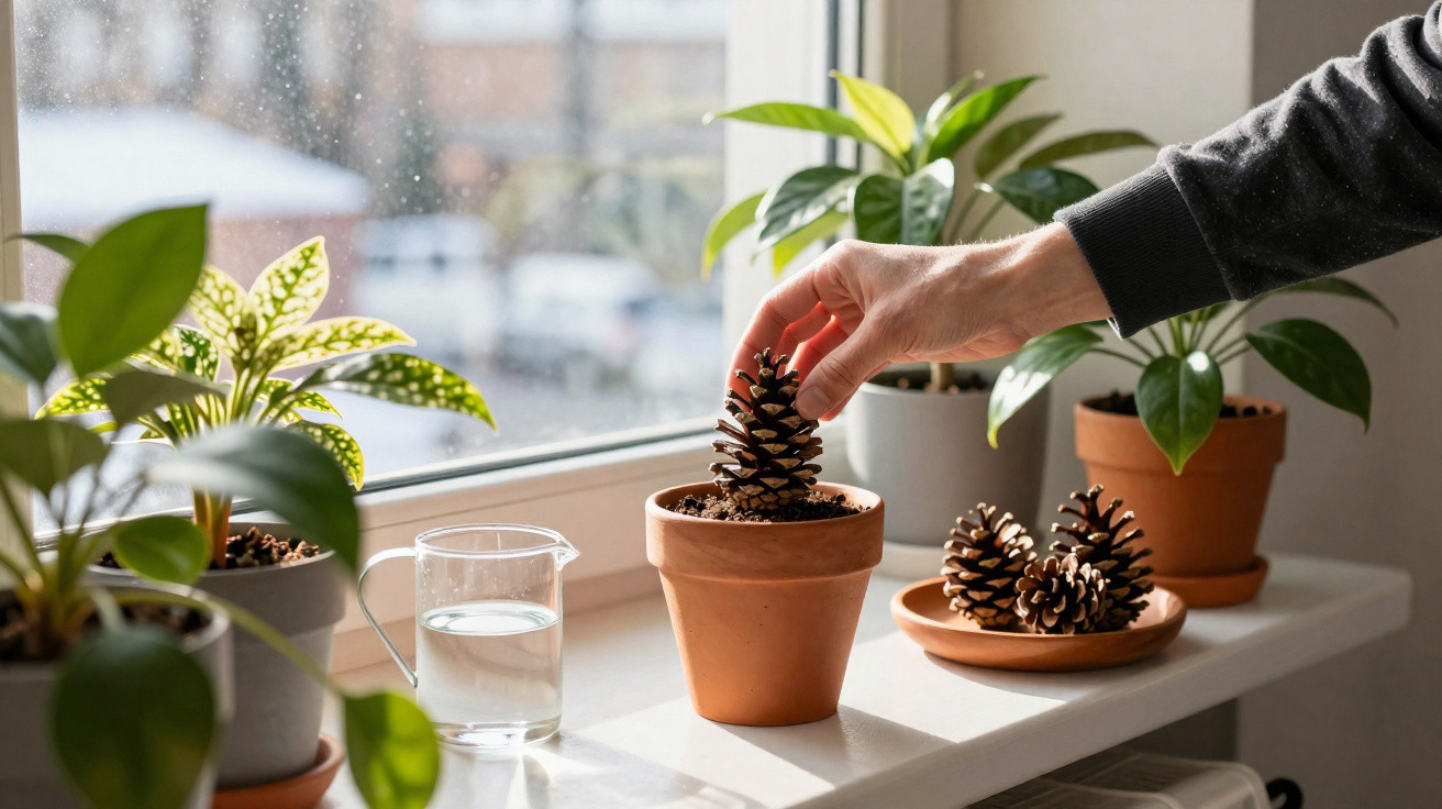 Hand steckt Zapfen in Blumentopf auf Fensterbank mit Zimmerpflanzen und Wasserkanne im Sonnenlicht.
