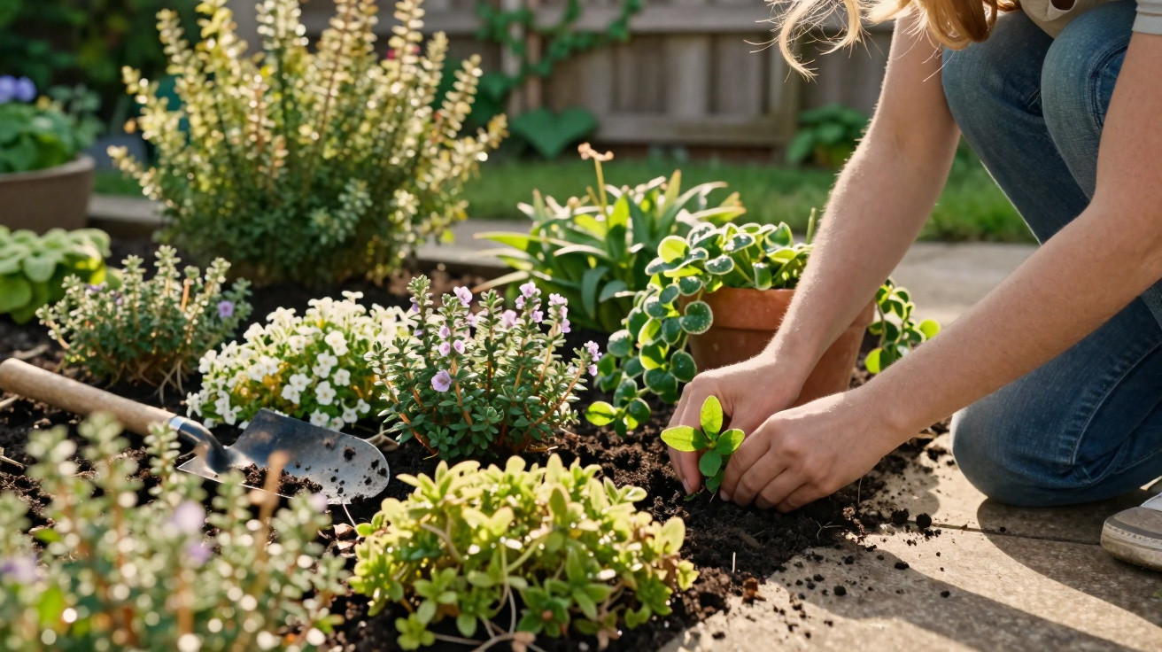 Frau pflanzt Setzling im Gartenbeet mit verschiedenen Blütenpflanzen und Gartenschaufel nebenan.
