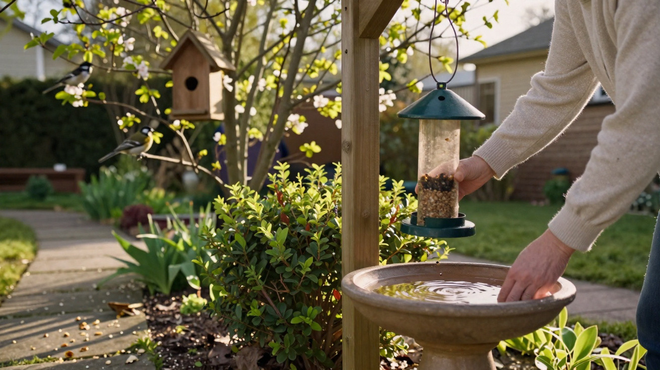 Person füllt Vogelfutterspender neben Vogeltränke im Garten bei Sonnenschein.