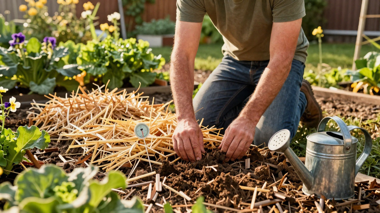 Person kniet im Garten und bedeckt Pflanzenbeet mit Strohmulch, daneben eine Gießkanne aus Metall.