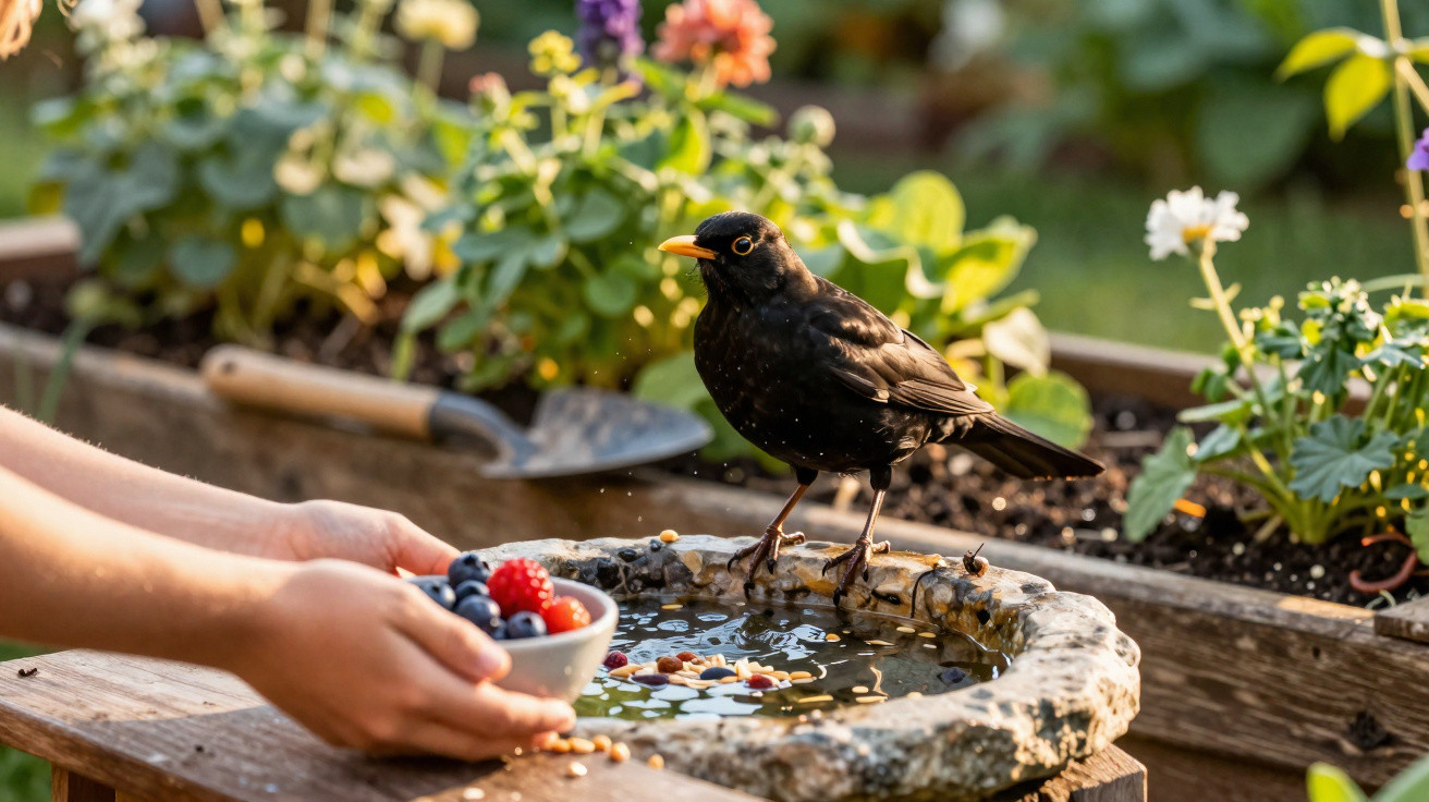 Amsel auf Vogeltränke im Garten, nah an einer Hand mit Beeren in einer Schale.