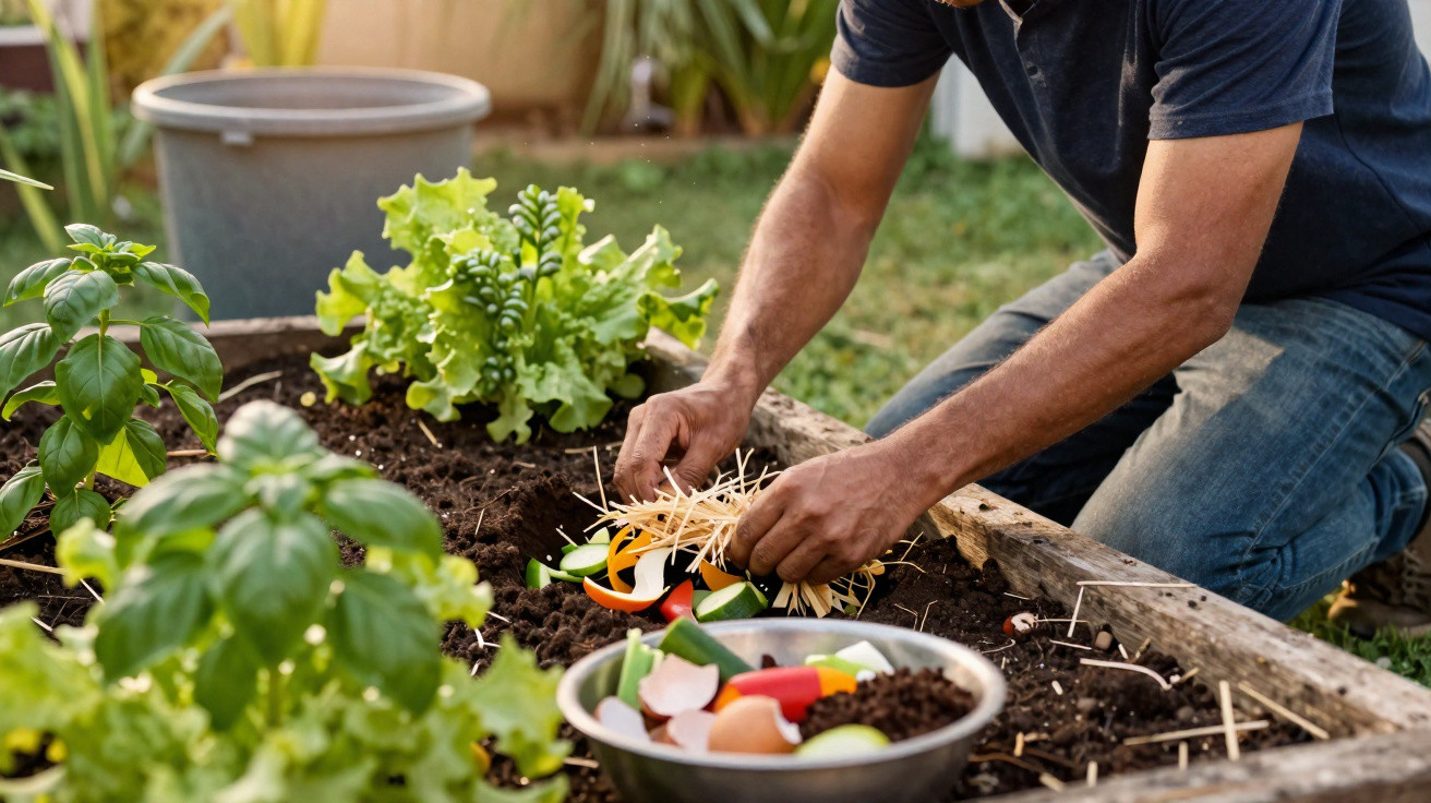 Person kompostiert Gemüsereste in einem Hochbeet im Garten an einem sonnigen Tag.