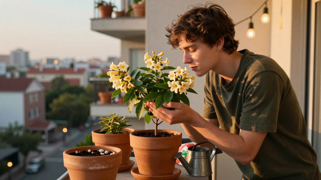 Junger Mann auf Balkon riecht an gelben Blumen in Blumentopf, warme Abendsonne, weitere Pflanzen und Gießkanne.