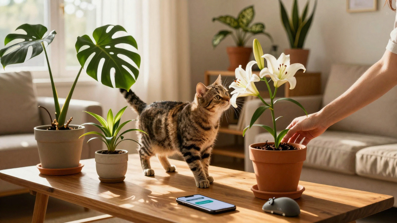 Katze schnuppert an einer weißen Lilie auf dem Tisch mit Pflanzen und Smartphone im hellen Wohnzimmer.