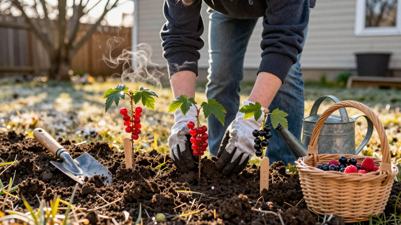 Person pflanzt Johannisbeersträucher im Garten, Handschuhe, Gießkanne und Korb mit Beeren neben dem Boden.