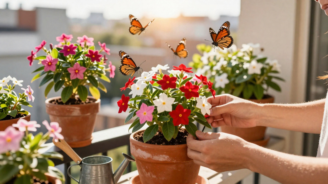 Bunte Blumentöpfe auf dem Balkon mit Schmetterlingen und Händen, die Blumen berühren.