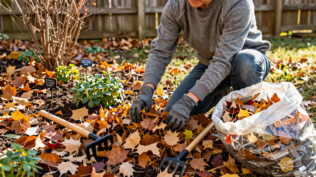 Person mit Handschuhen harkt und sammelt Herbstlaub im Garten in einen Plastikbeutel.