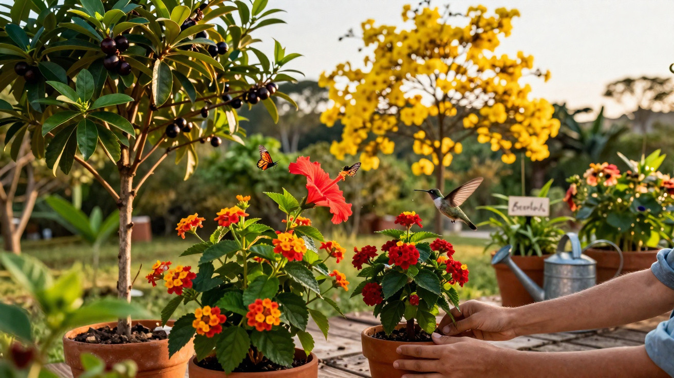 Bunte Blüten in Töpfen, ein fliegender Kolibri, zwei Schmetterlinge und Hände im Garten bei Sonnenuntergang.