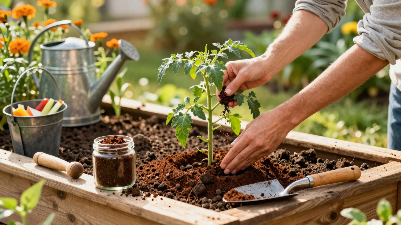 Person pflanzt Tomatenpflanze in Hochbeet, Gießkanne und Gartenwerkzeuge neben dem Beet sichtbar.