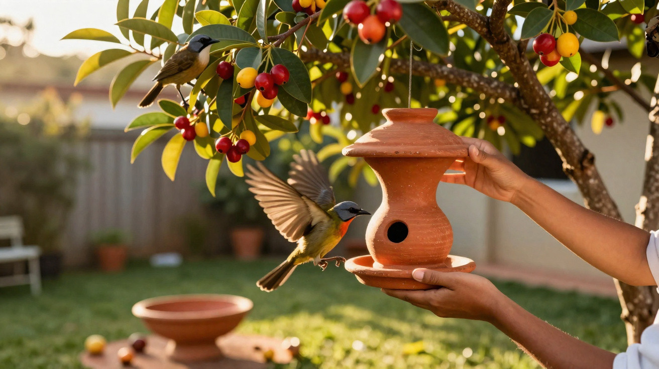 Zwei Vögel an einem Kirschbaum und eine Person hält einen Tonvogelfutterspender im Garten.