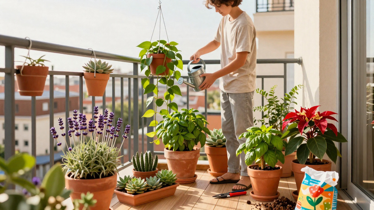 Kind gießt mit Gießkanne Pflanzen auf einem Balkon mit verschiedenen Topfpflanzen und Gartengeräten.
