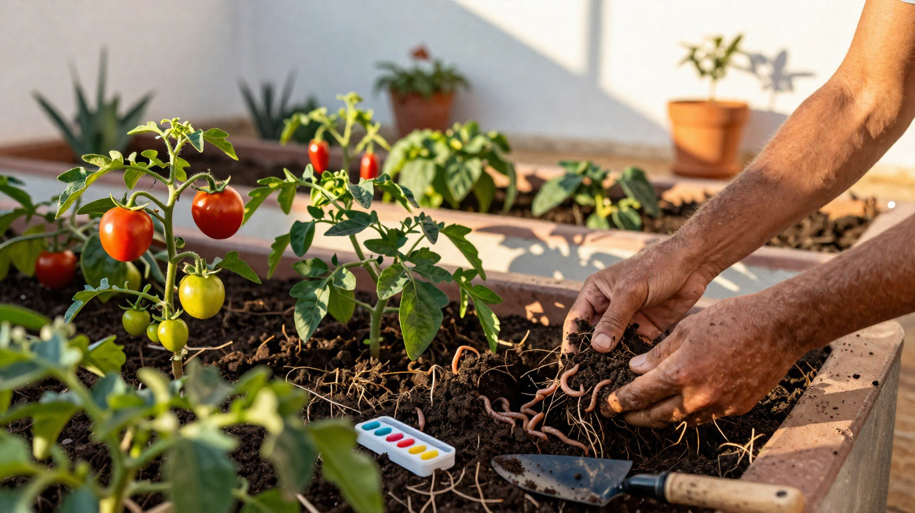 Gärtner, der im Hochbeet Tomaten pflanzt und mit Regenwürmern die Erde auflockert.