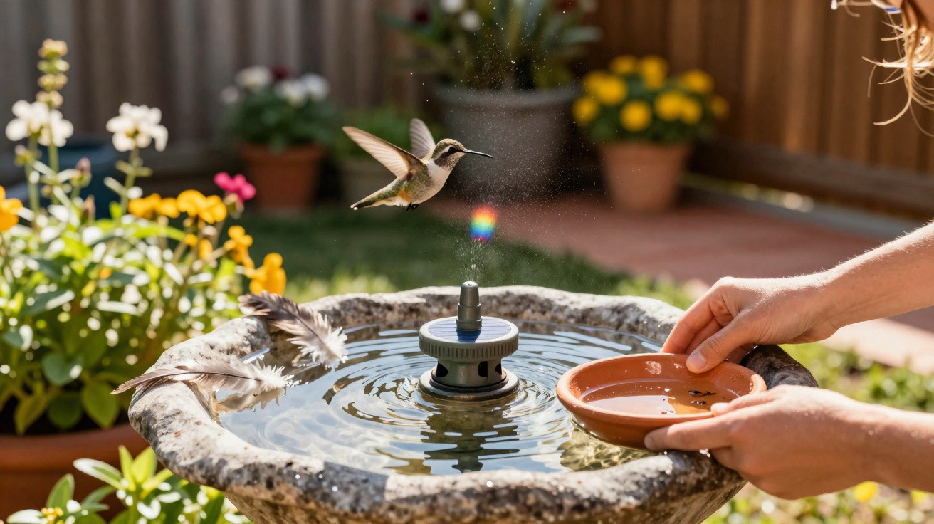 Kolibri fliegt über Vogeltränke, Hände halten Schale mit Wasser im sonnigen Garten mit Blumen.
