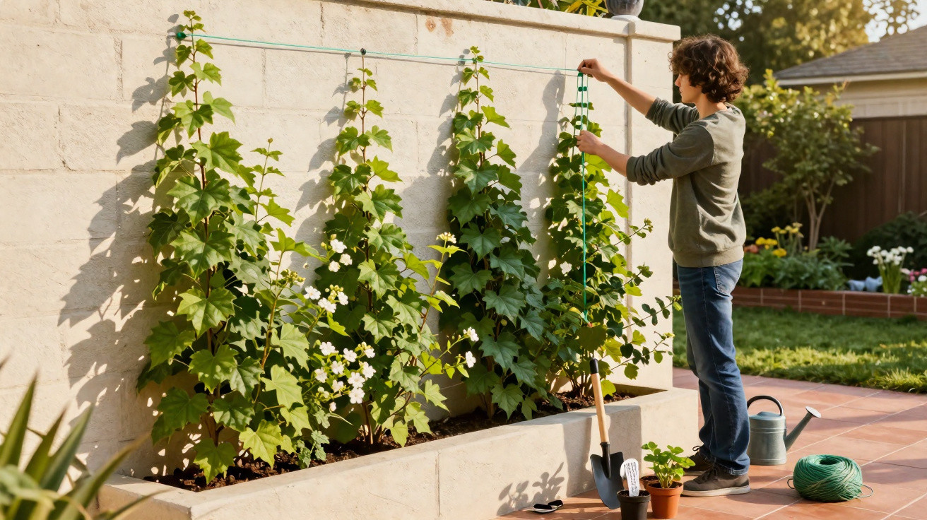 Junge befestigt Rankhilfe an Kletterpflanze in einem Garten vor heller Mauer bei Sonnenschein.