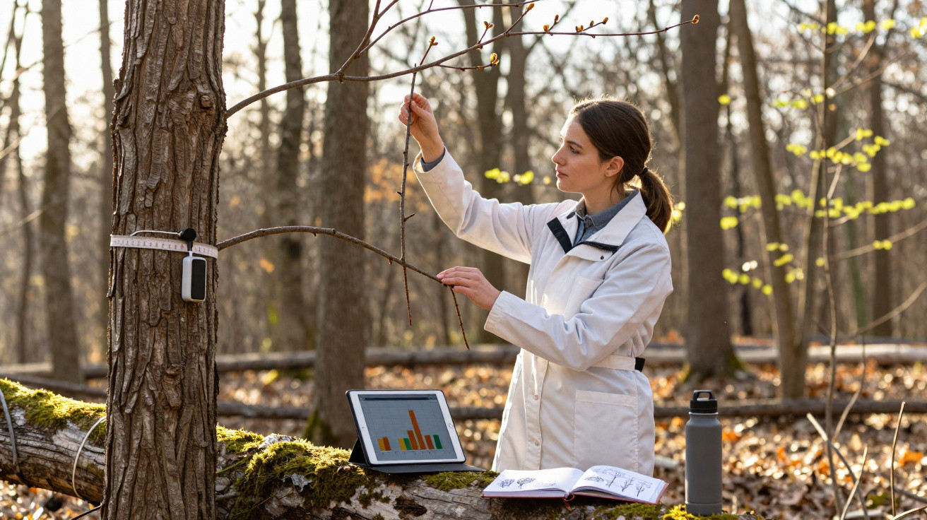 Frau im weißen Kittel untersucht Ast an Baum im Wald mit Tablet und wissenschaftlichem Buch auf Baumstamm.