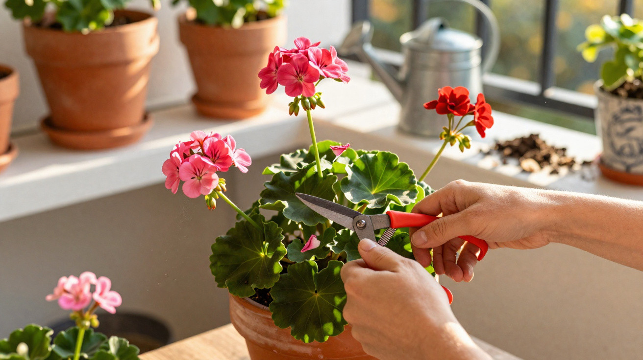 Person schneidet mit Gartenschere grüne Blätter von rosa und roten Geranien in einem Blumentopf im Innenraum.