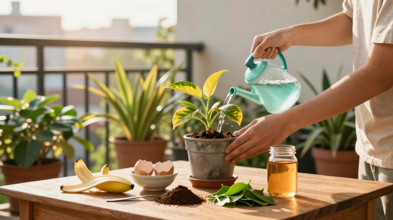 Person gießt eine Zimmerpflanze mit Gießkanne auf einem Holztisch mit Gartenzubehör und Pflanzen.