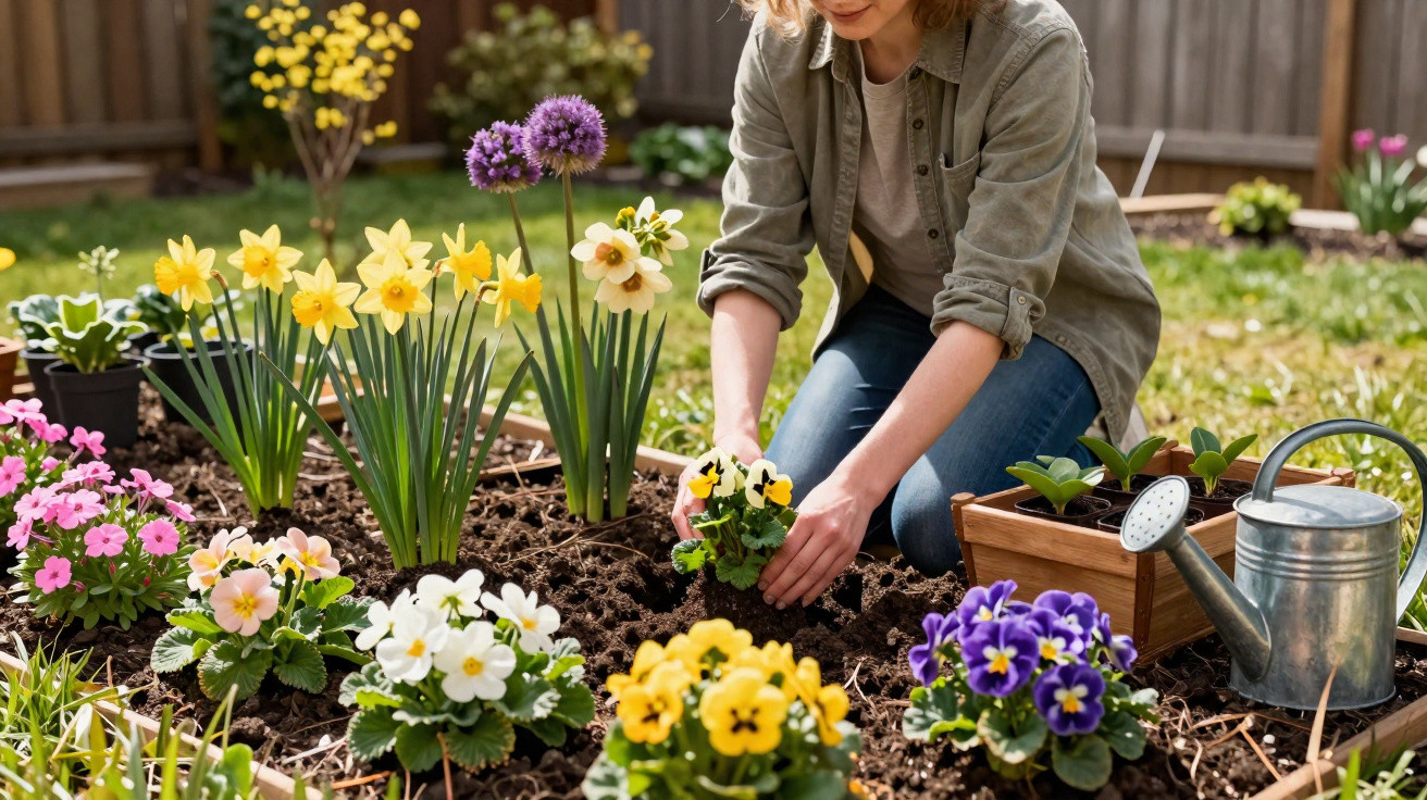 Frau pflanzt Blumen in einem Gartenbeet, umgeben von bunten Blumen und Gießkanne.