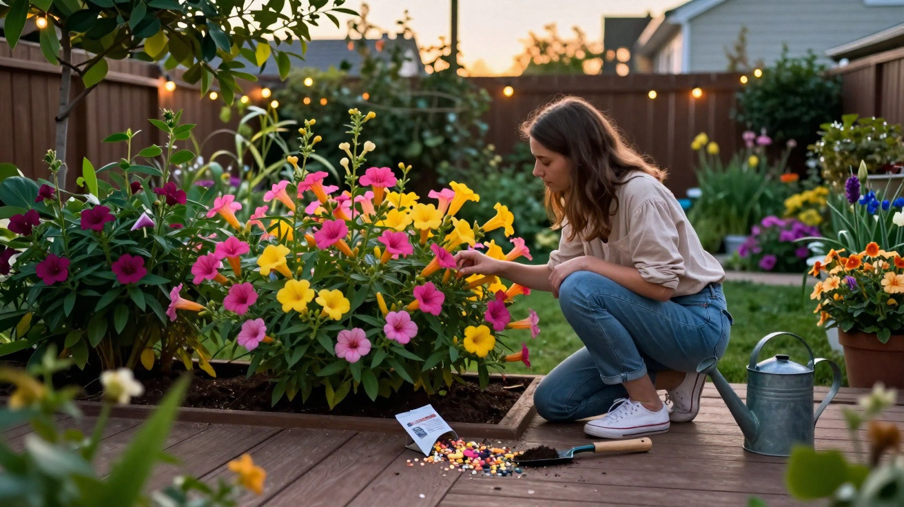 Frau pflegt bunte Blumen im Garten am Abend, umgeben von Pflanzen und Gartengeräten.