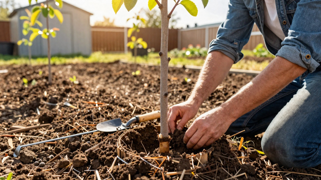 Person pflanzt jungen Baum im Garten, Gartengeräte liegen auf der Erde neben der Pflanze.