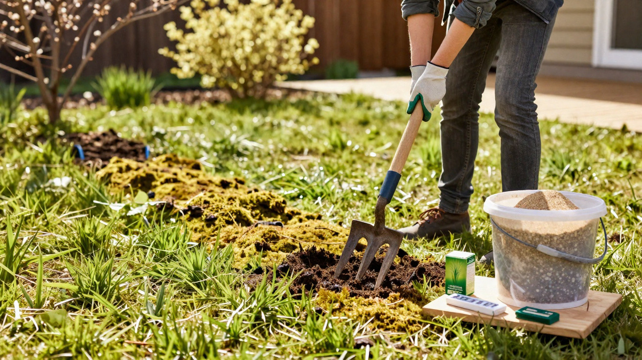 Person jätet mit Gartenforke Erde in einem Garten mit Gras und blühenden Büschen bei Sonnenschein.