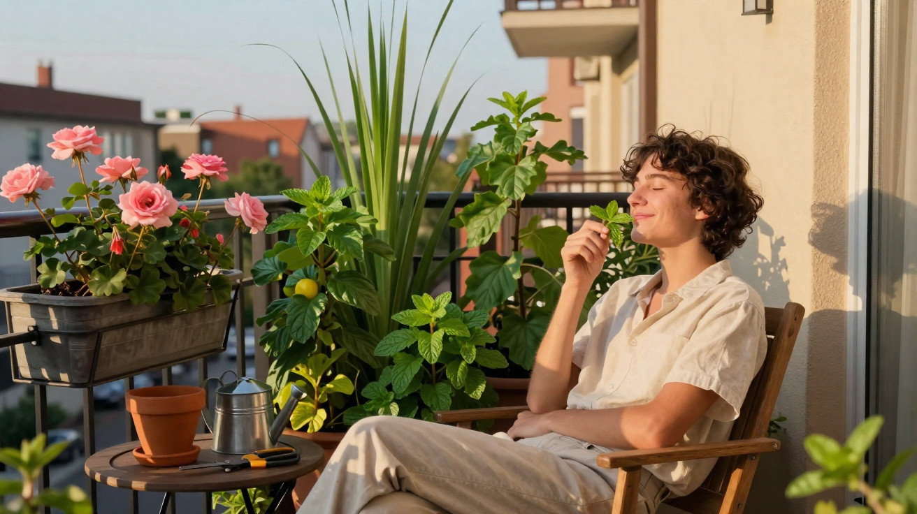 Junge Person entspannt auf Balkon umgeben von Pflanzen und blühenden pinken Rosen bei Sonnenschein.