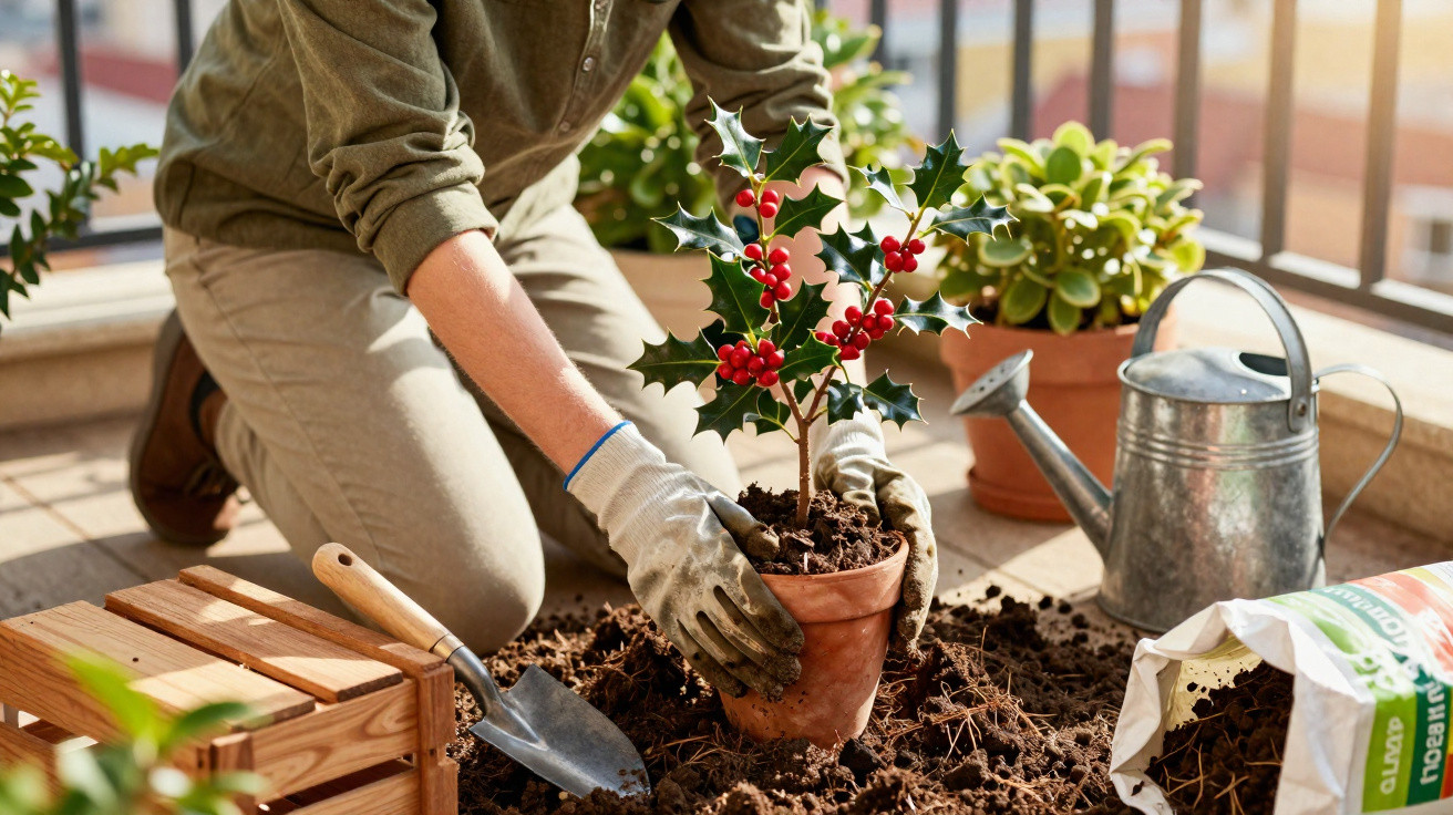 Person mit Handschuhen pflanzt Ilex-Pflanze mit roten Beeren in Blumentopf auf Balkon oder Terrasse.