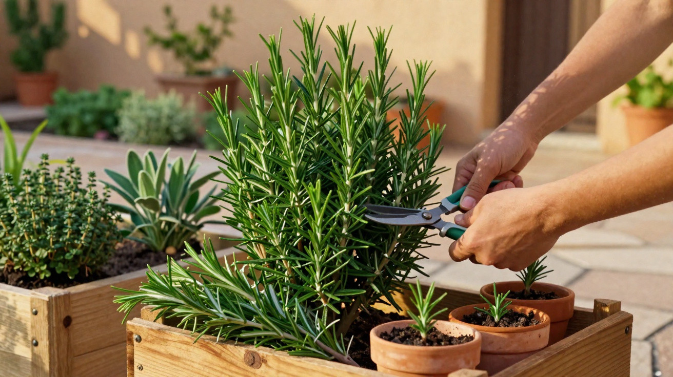 Person schneidet Rosmarin mit Gartenschere in einem Holzpflanzkasten auf einer Terrasse.
