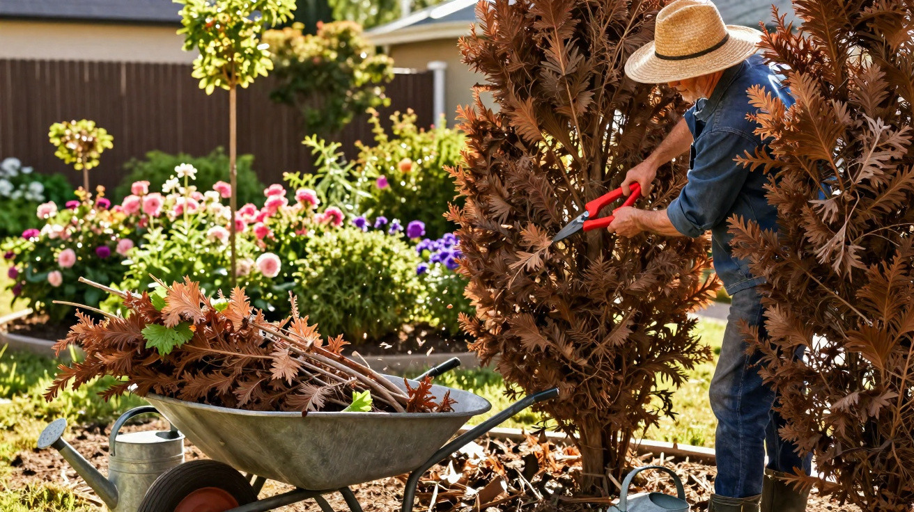 Gärtner schneidet vertrocknete Äste eines Strauchs im sonnigen Garten mit Blumen und Schubkarre.