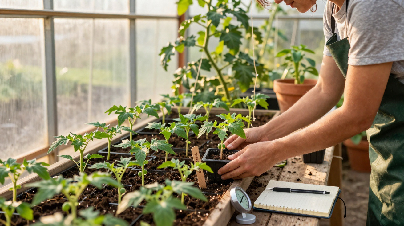 Person in Schürze pflanzt Setzling in einem Gewächshaus mit Tomatenpflanzen auf Holztisch