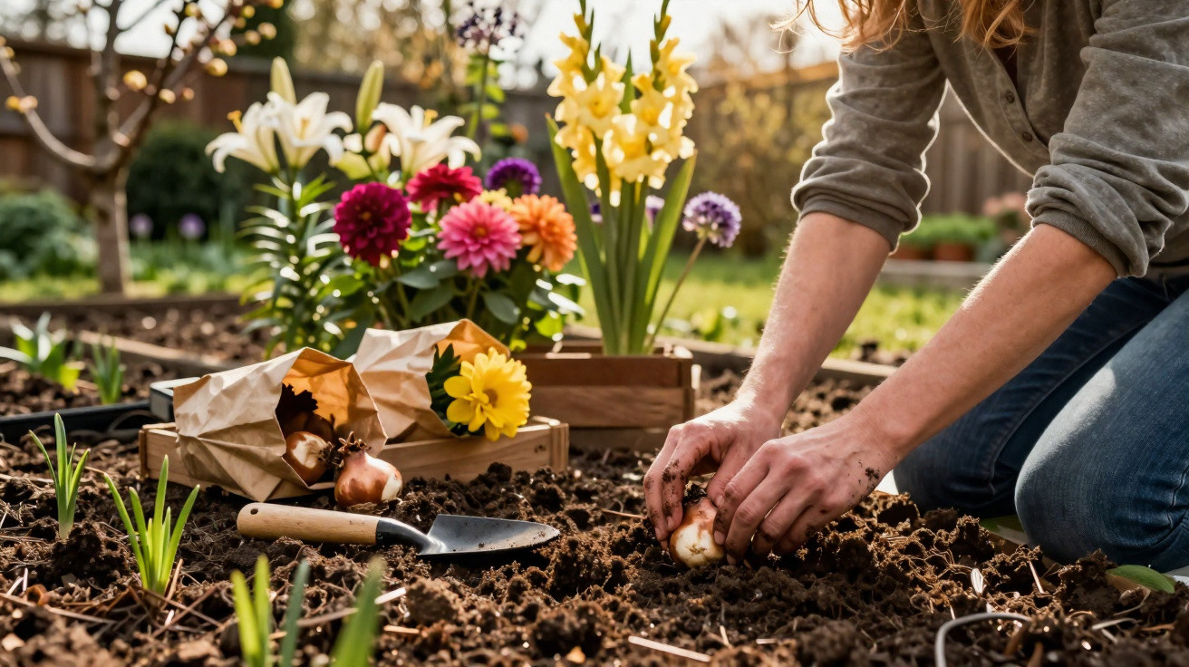 Person pflanzt Blumenzwiebeln in einen Garten, umgeben von bunten Blüten und Pflanzwerkzeug.