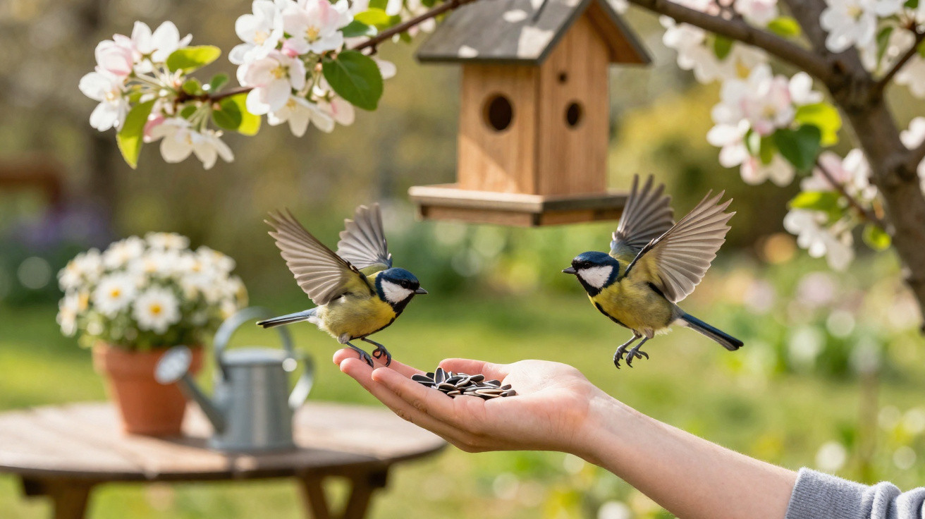 Zwei Meisen fliegen zu einer menschlichen Hand mit Sonnenblumenkernen vor einem Vogelhaus und blühendem Baum.