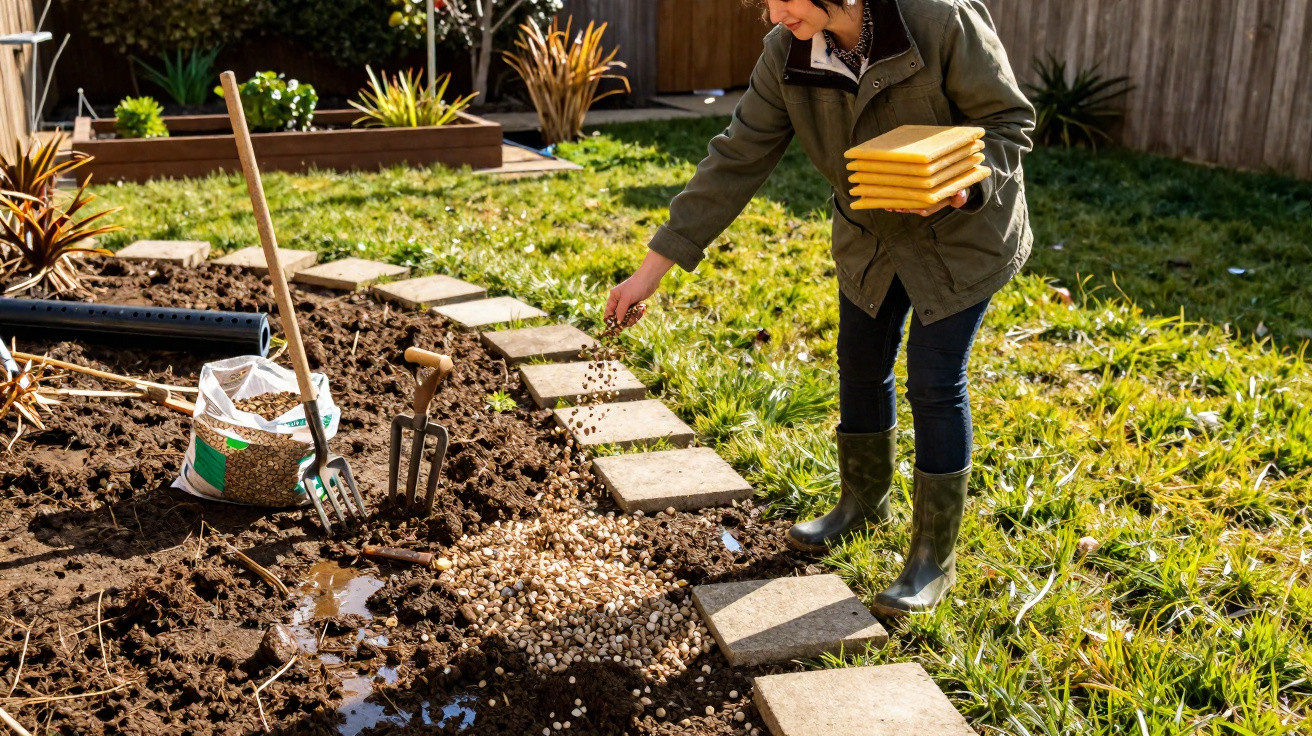 Frau streut Samen in Beet neben Gartenweg aus Steinplatten bei sonnigem Wetter.