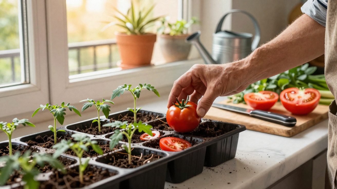 Hand legt Tomate in Setzlingskasten mit Tomatenpflanzen auf Fensterbank in hellem Zimmer.